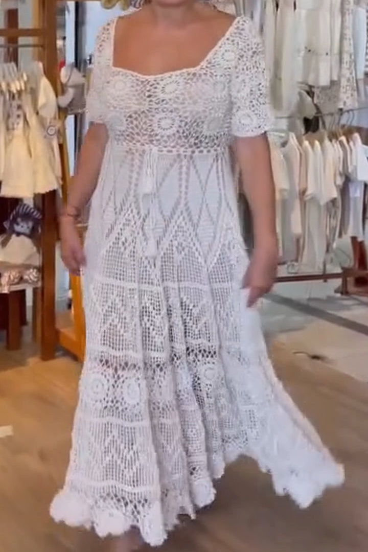 Square Neck Lace Solid Color Elegant Casual Dress