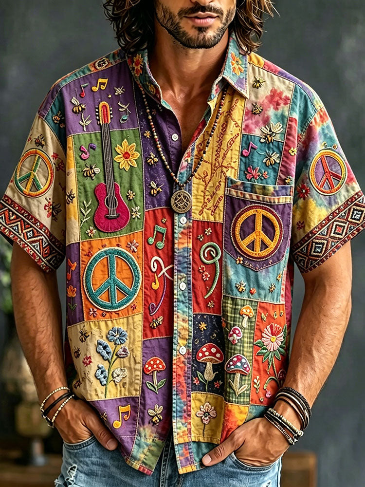 Men's Peace Sign And Guitar Hippie Patchwork Print Casual Shirt
