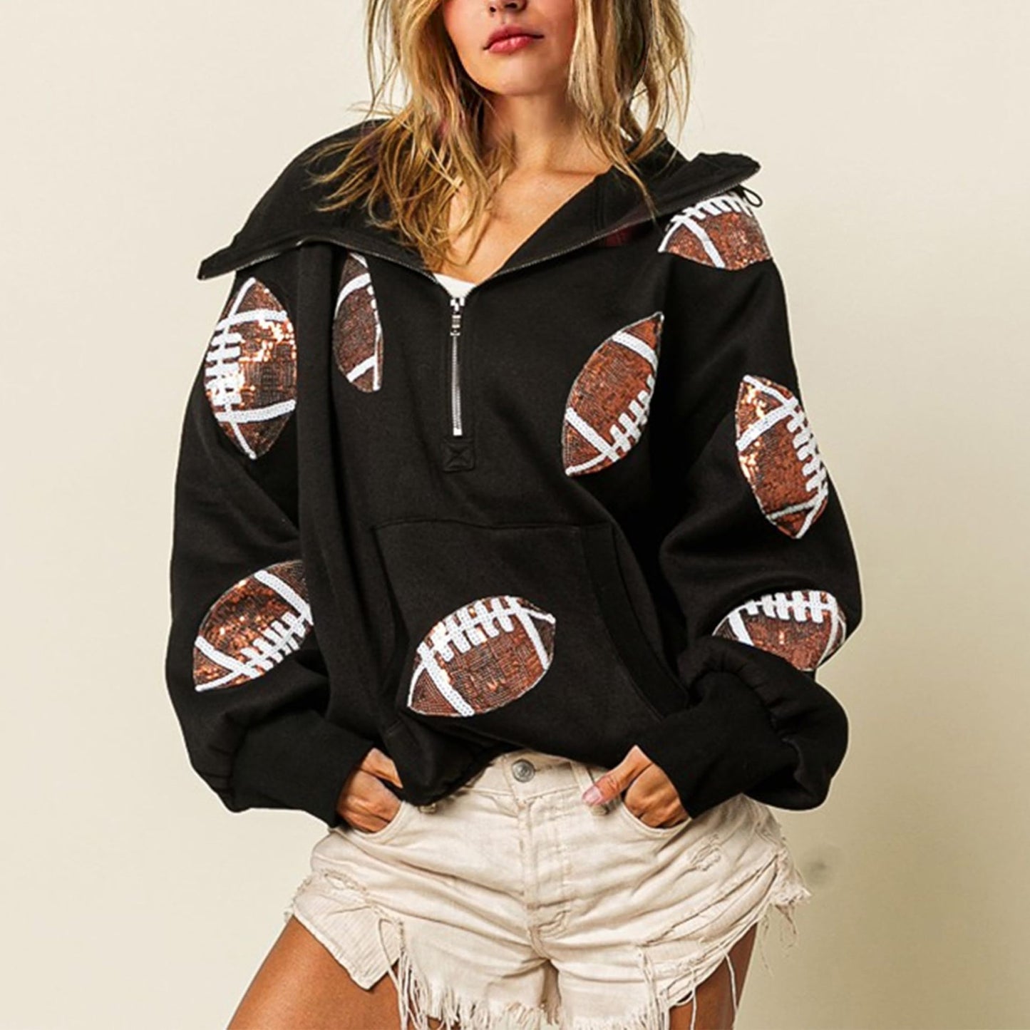 Sequin Football Half Zip Hoodie
