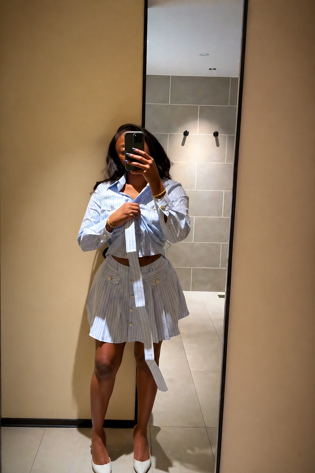 Striped Button-Down Shirt & Pleated Skirt Set