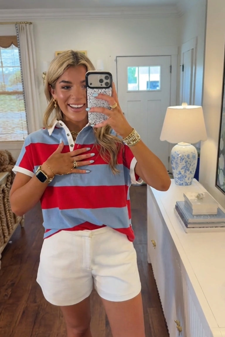 Red & Blue Striped Short-Sleeve Rugby Polo Top