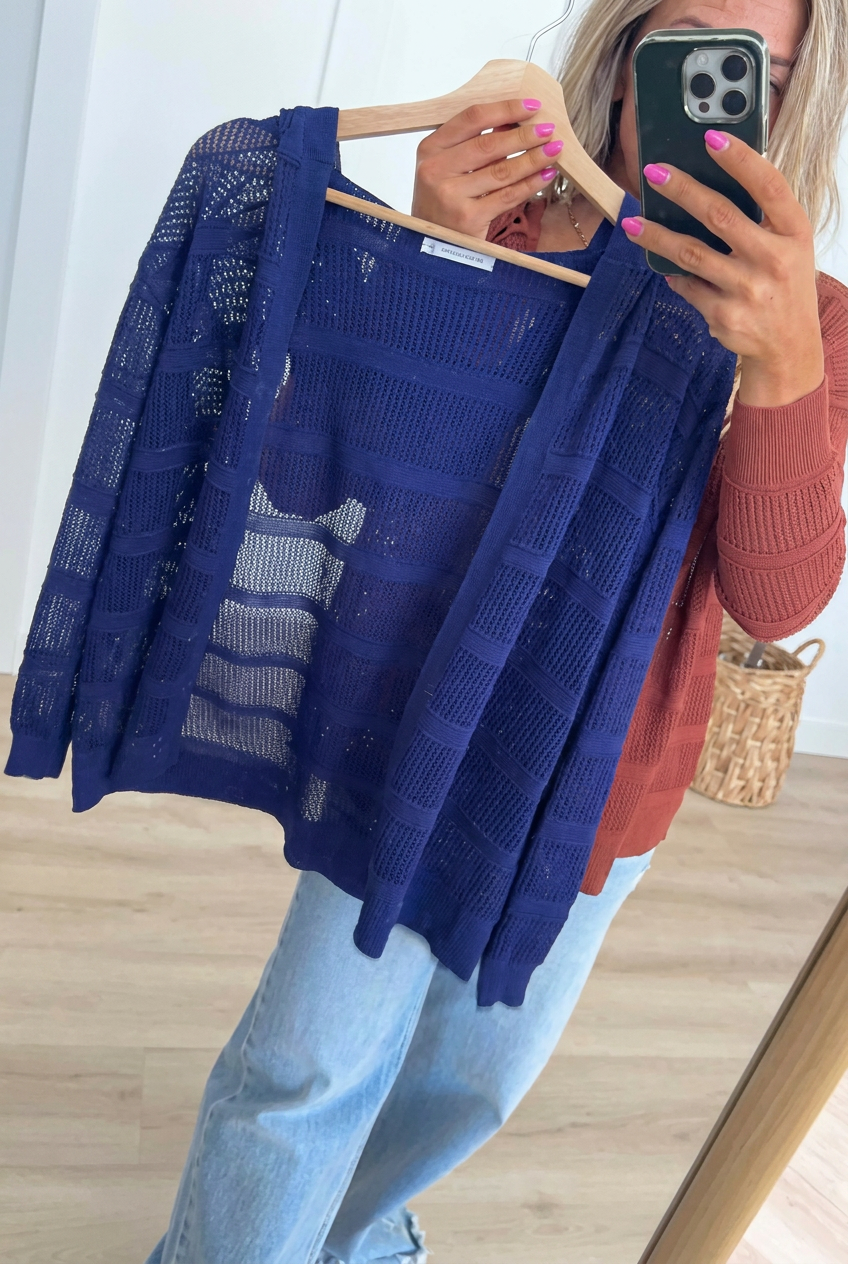 Lightweight Hooded Open-Knit Cardigan