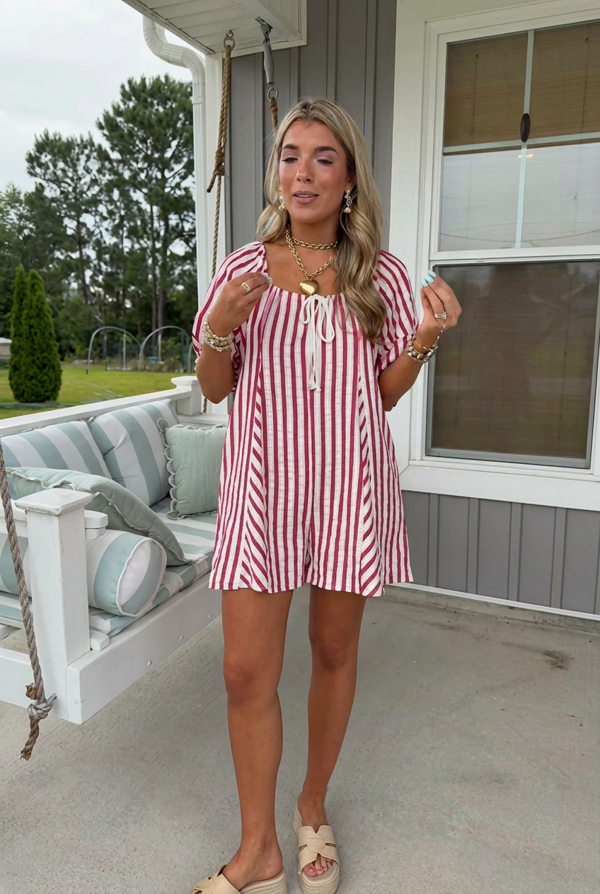 Breezy Striped Bubble-Sleeve Romper