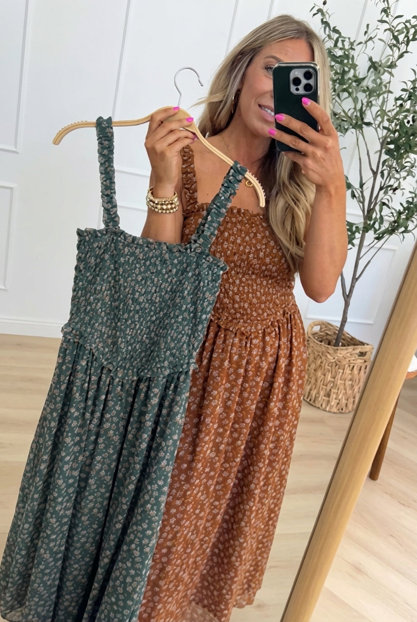 Floral Ruffle Strap Smocked Waist Midi Dress