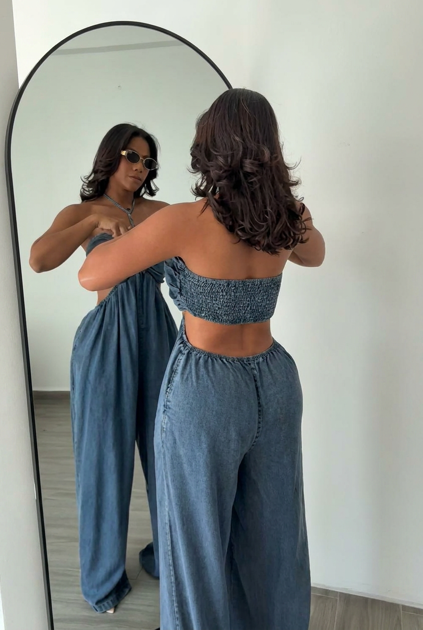 Denim Halter Cutout Wide Leg Jumpsuit