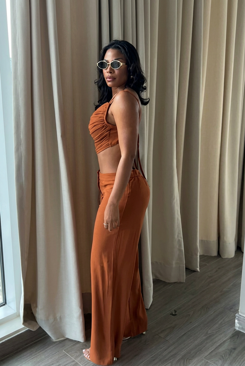 Rust Ruched Cami & Wide Leg Pant 2 Piece Set