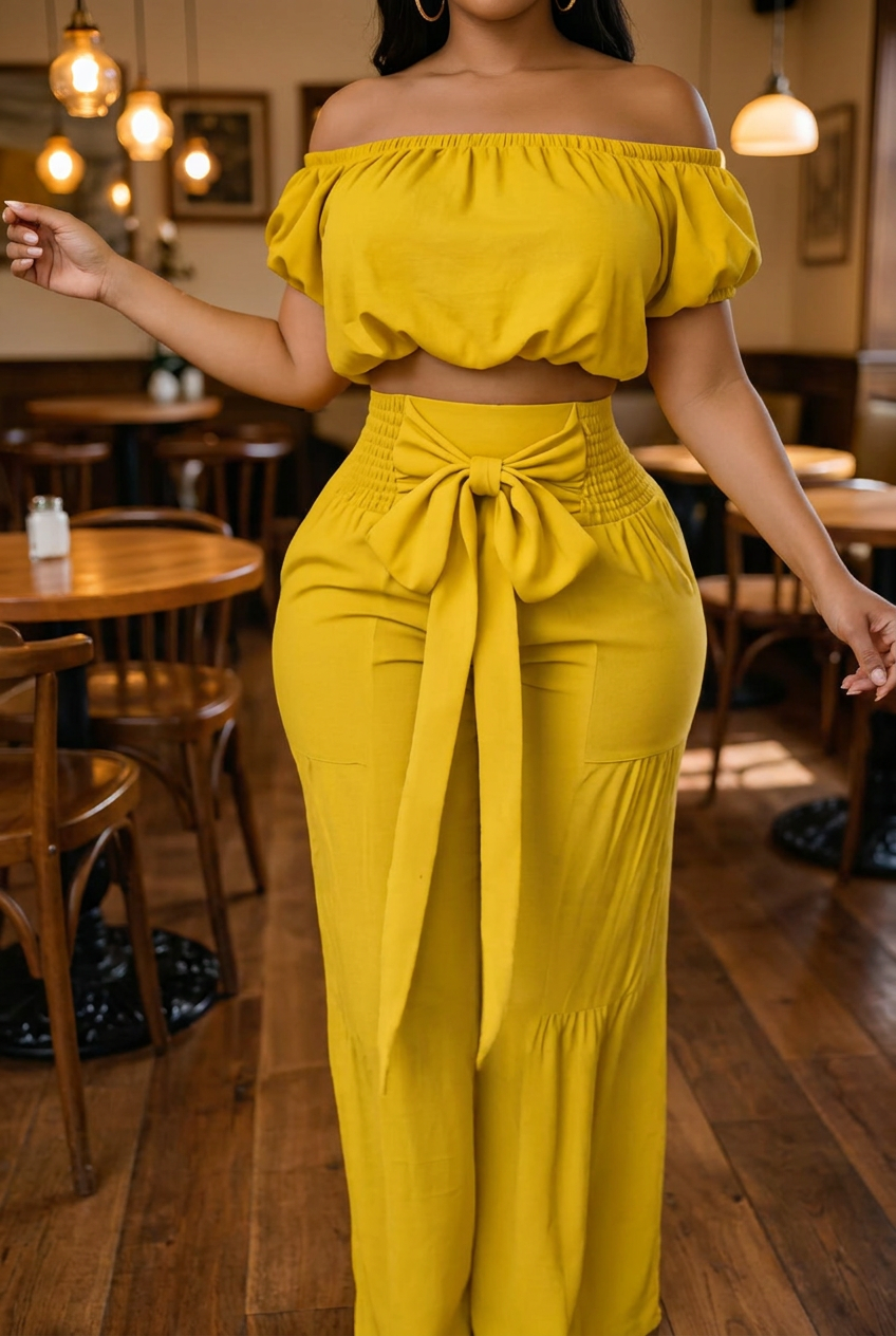Yellow Off Shoulder 2 Piece Pant Set