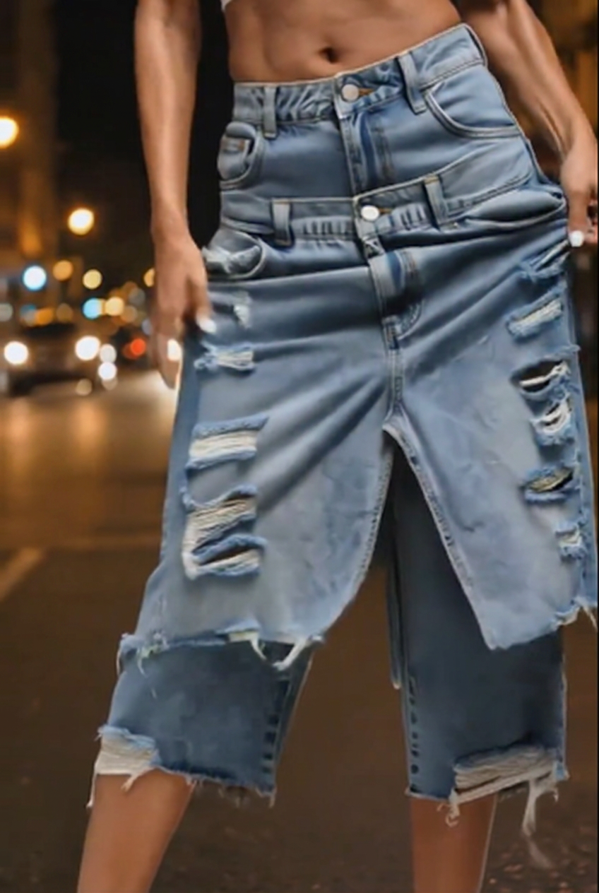 Double Waist Layered Ripped Denim Culottes