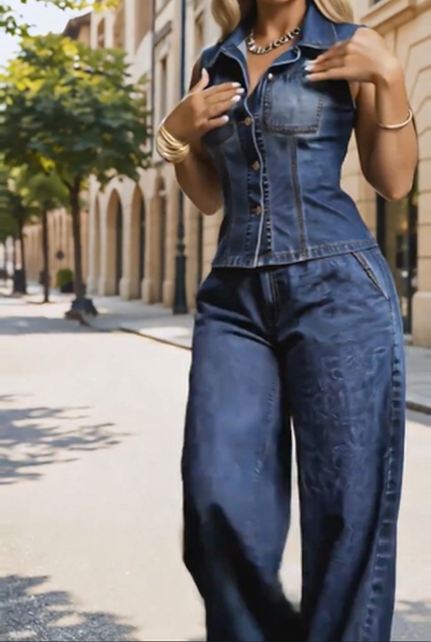 Denim Vest & Wide Leg Pants 2-Piece Set