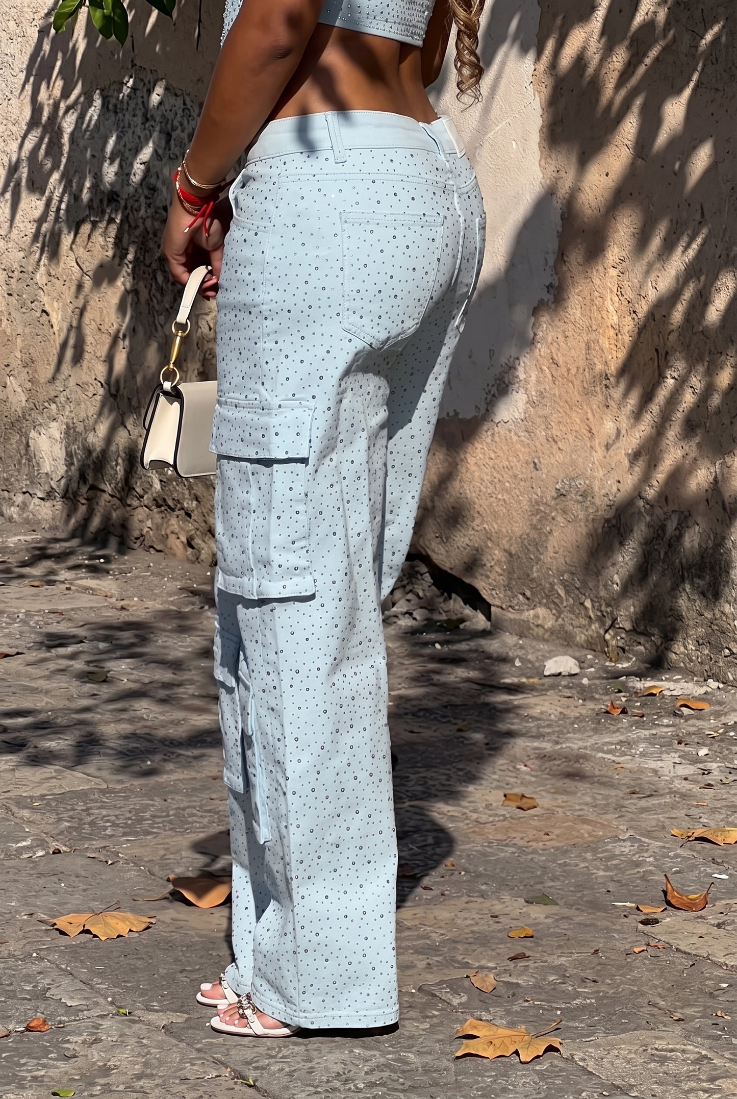 Light Blue Rhinestone Cargo Two-Piece Set