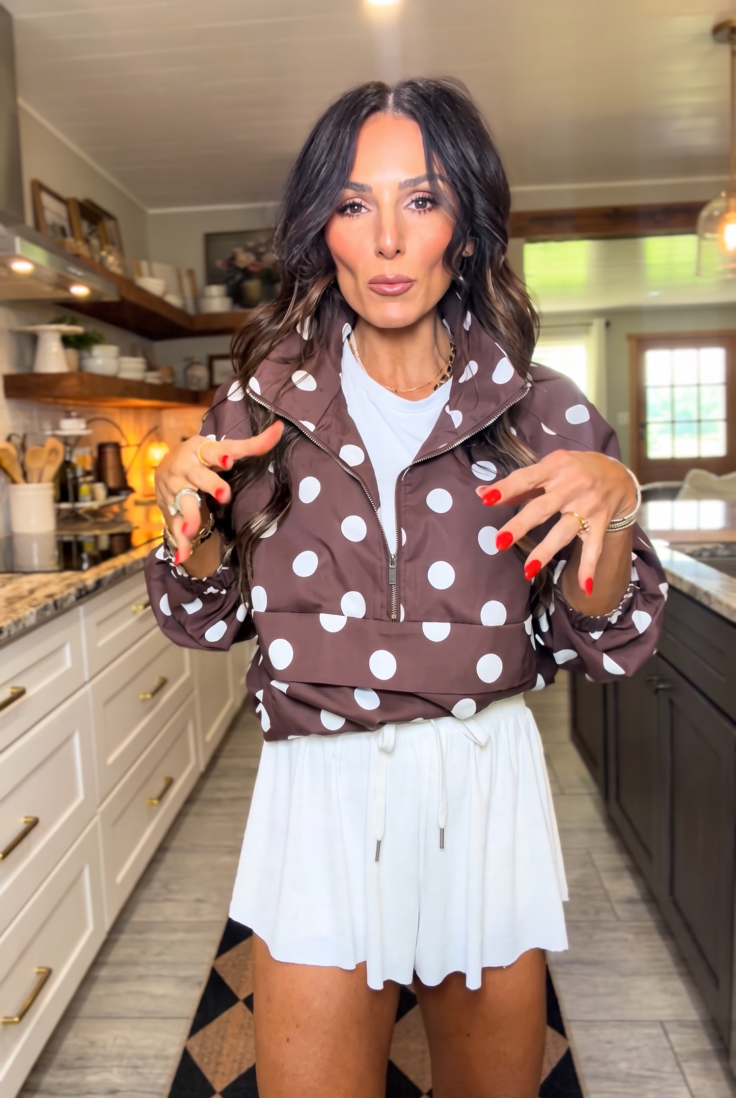 Brown White Polka Dot Half-Zip Windbreaker