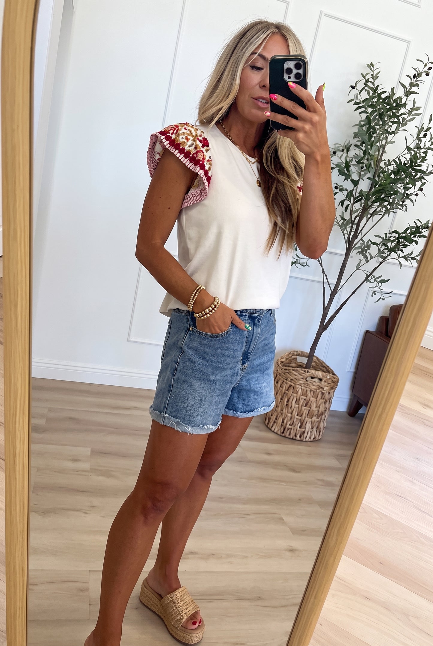 Floral Pom Pom Flutter Sleeve Top
