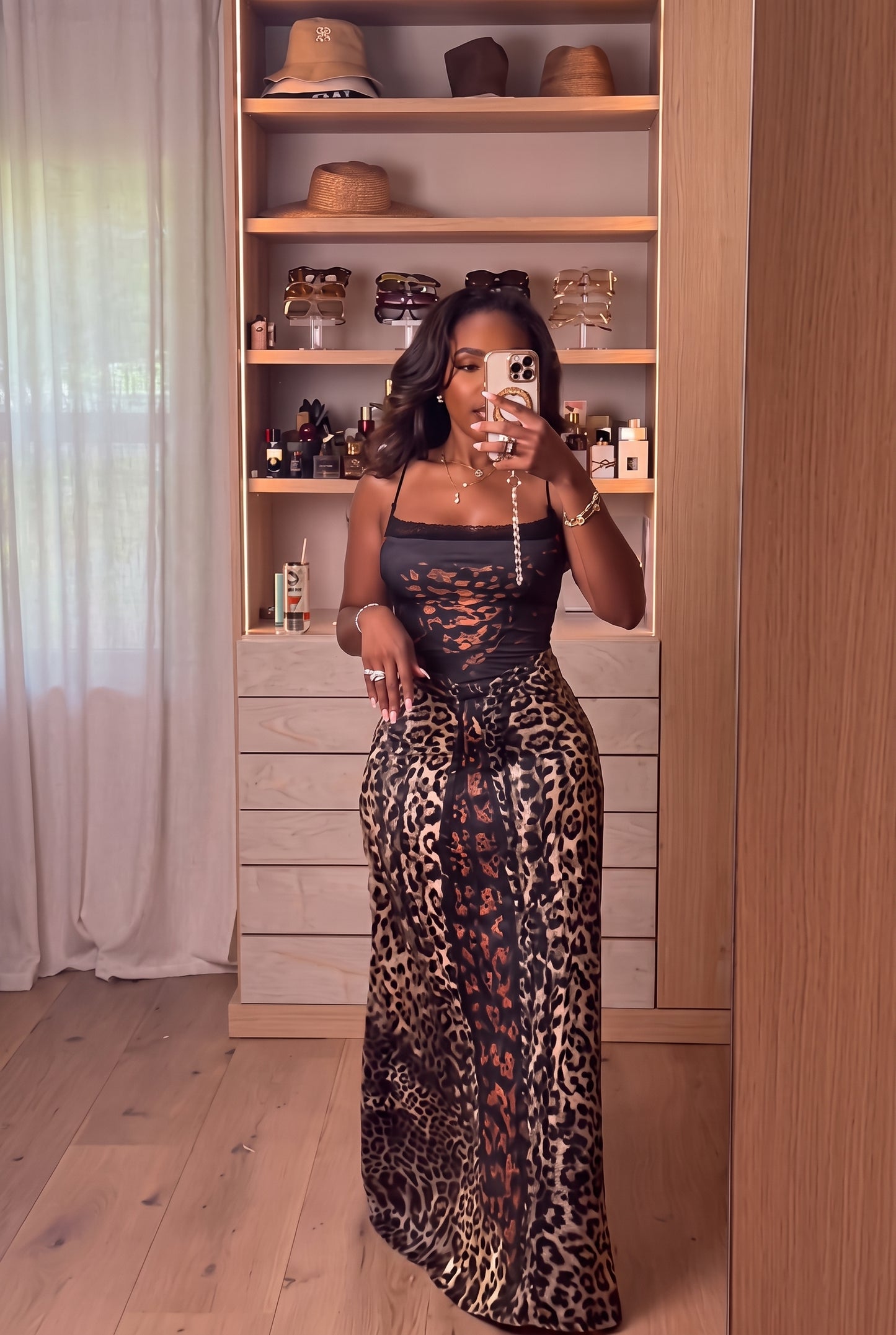 Leopard Lace-Up Back Satin Maxi Dress
