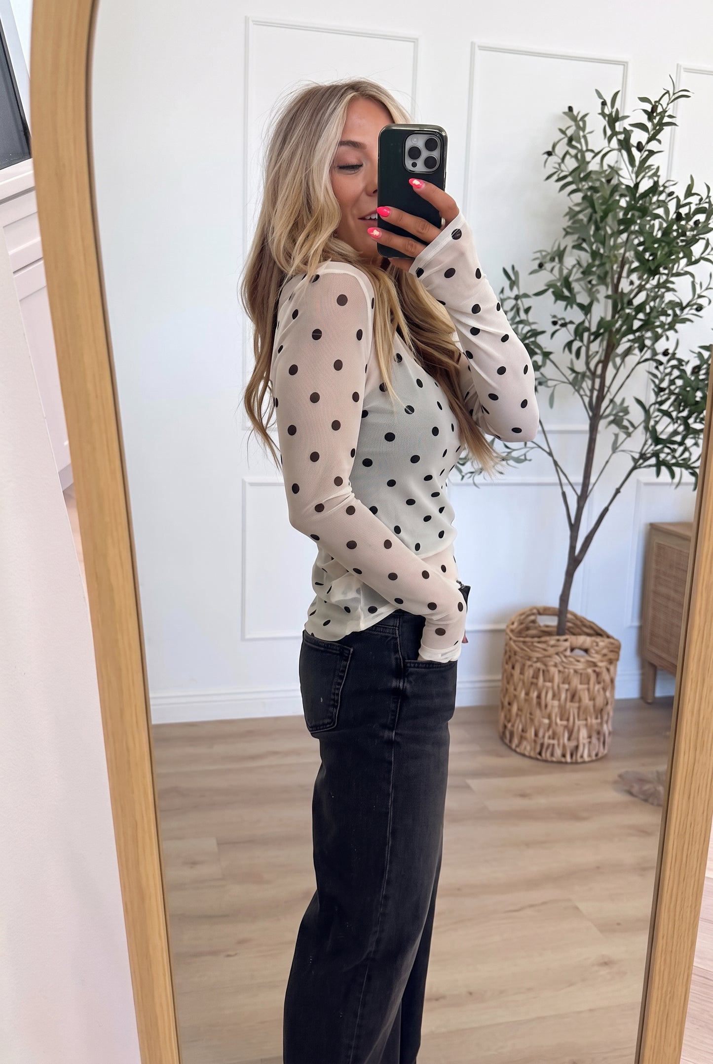 Sheer Polka Dot Mesh Long Sleeve Top