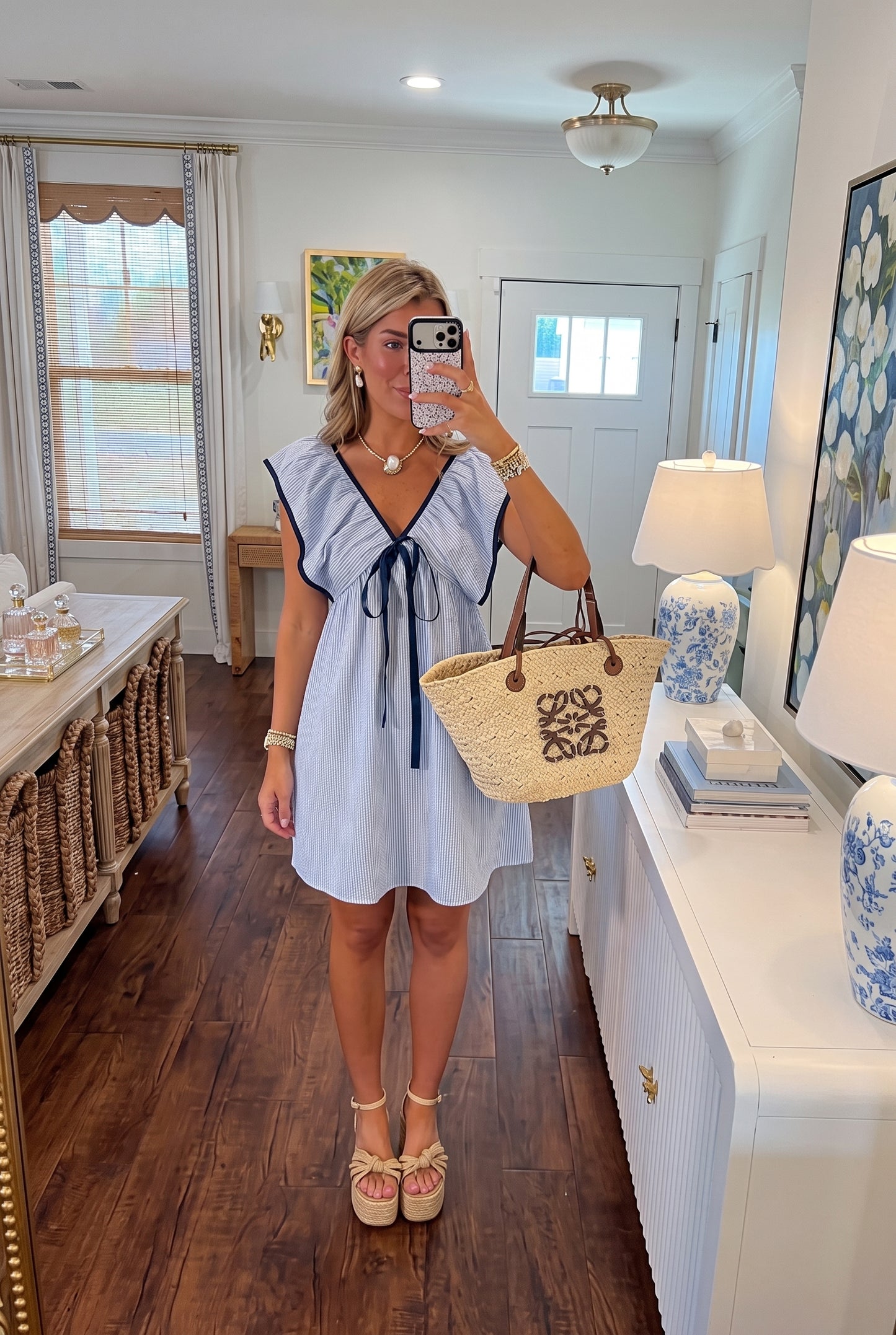 Blue Striped V-Neck Ruffle Mini Dress