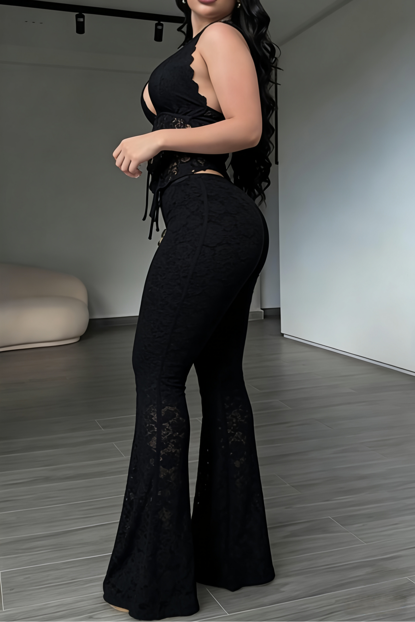 Viral White Lace Two-Piece Set | Halter Top & Flare Pants