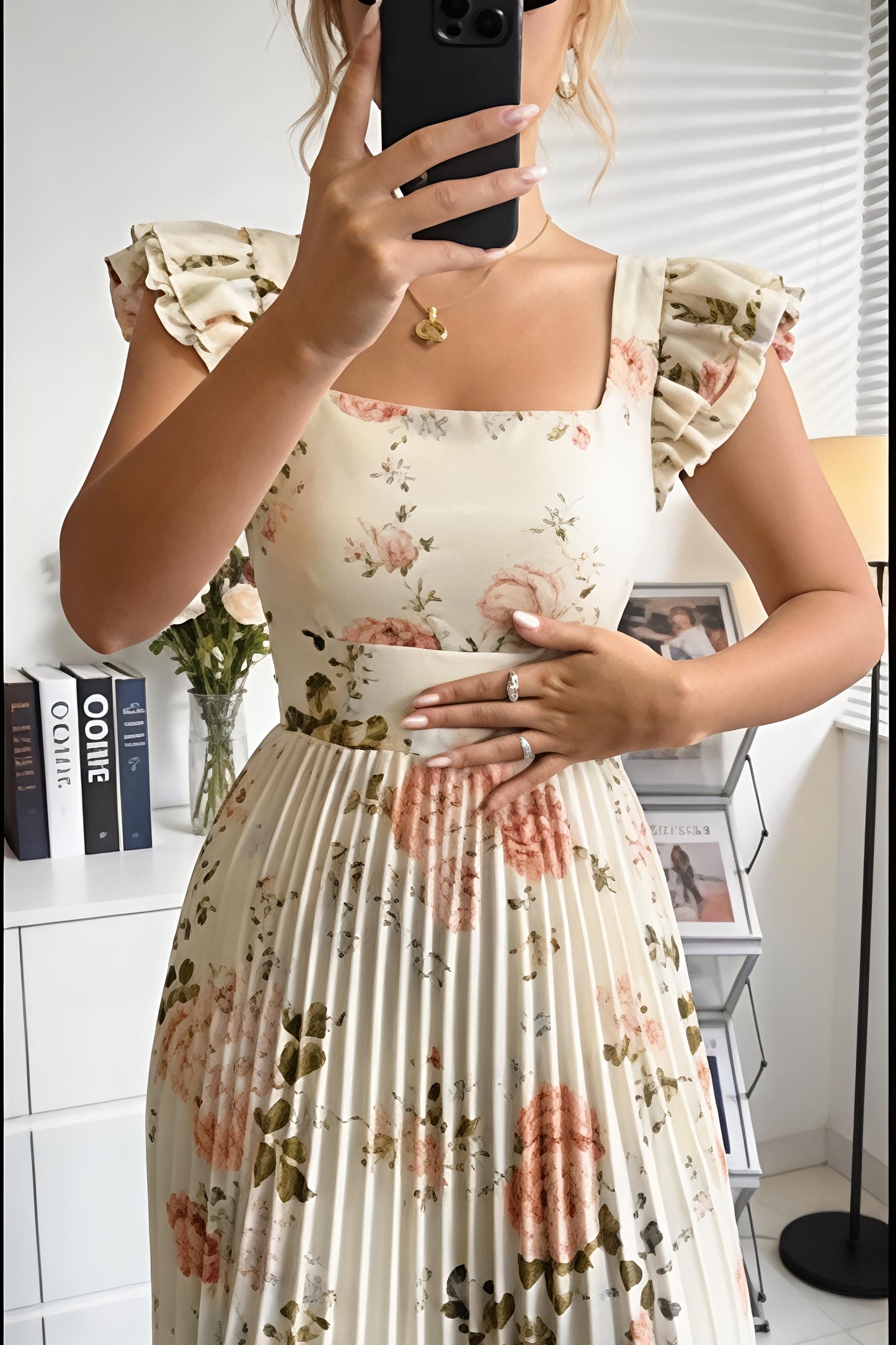 Ruffled Floral Pleated Maxi Dress
