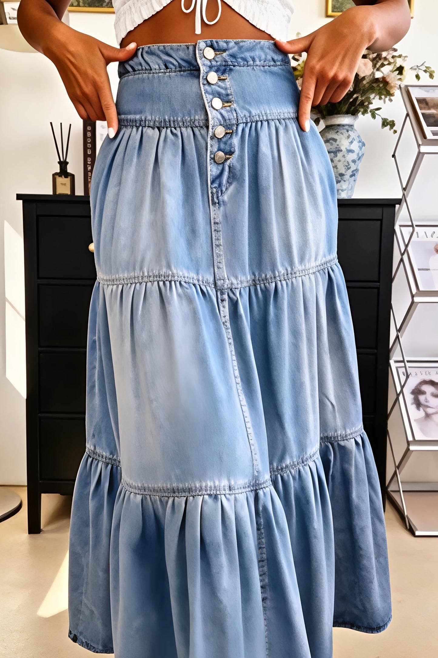 High-Waisted Tiered Denim Maxi Skirt