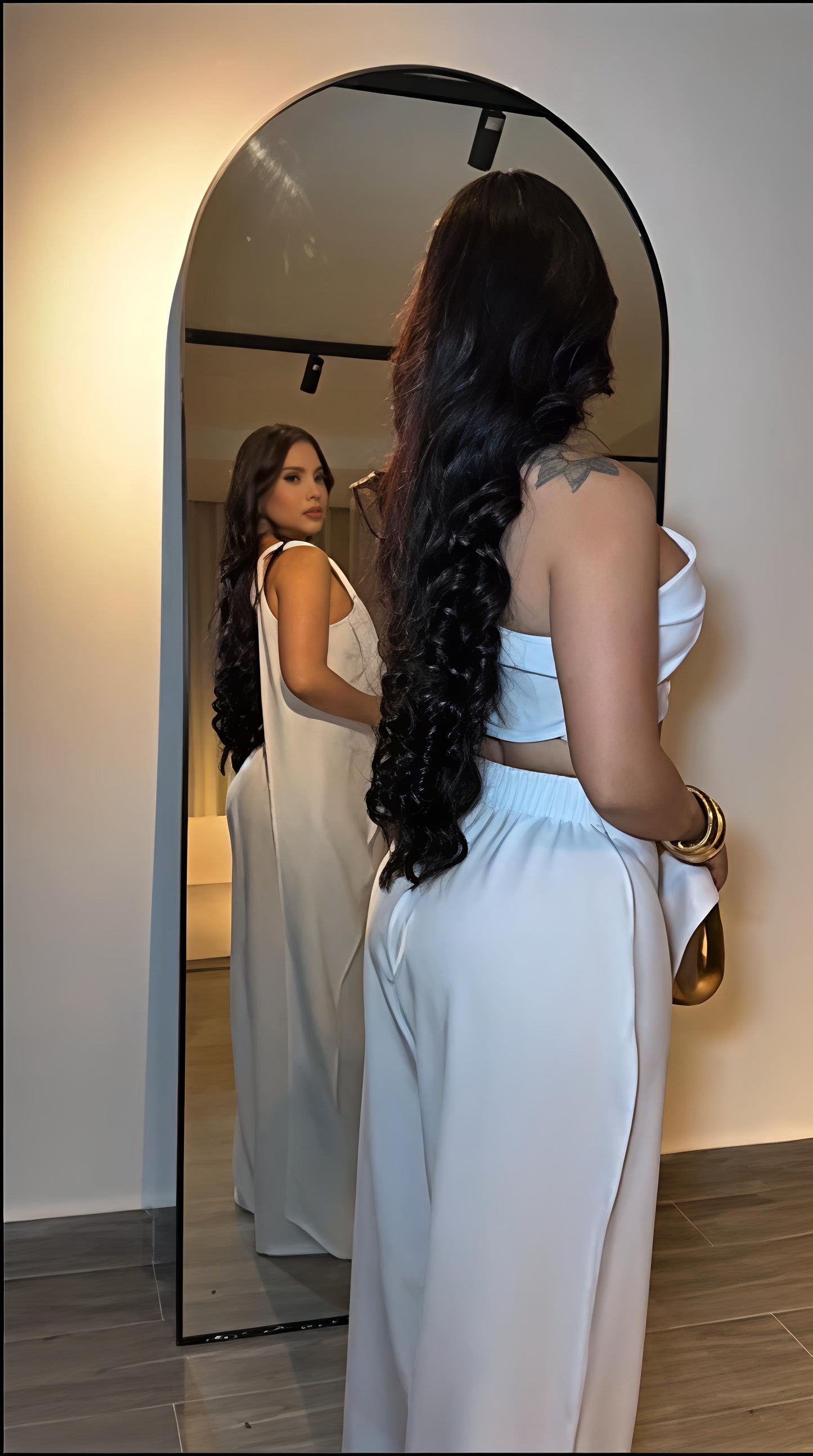White One-Shoulder Draped Two-Piece Set