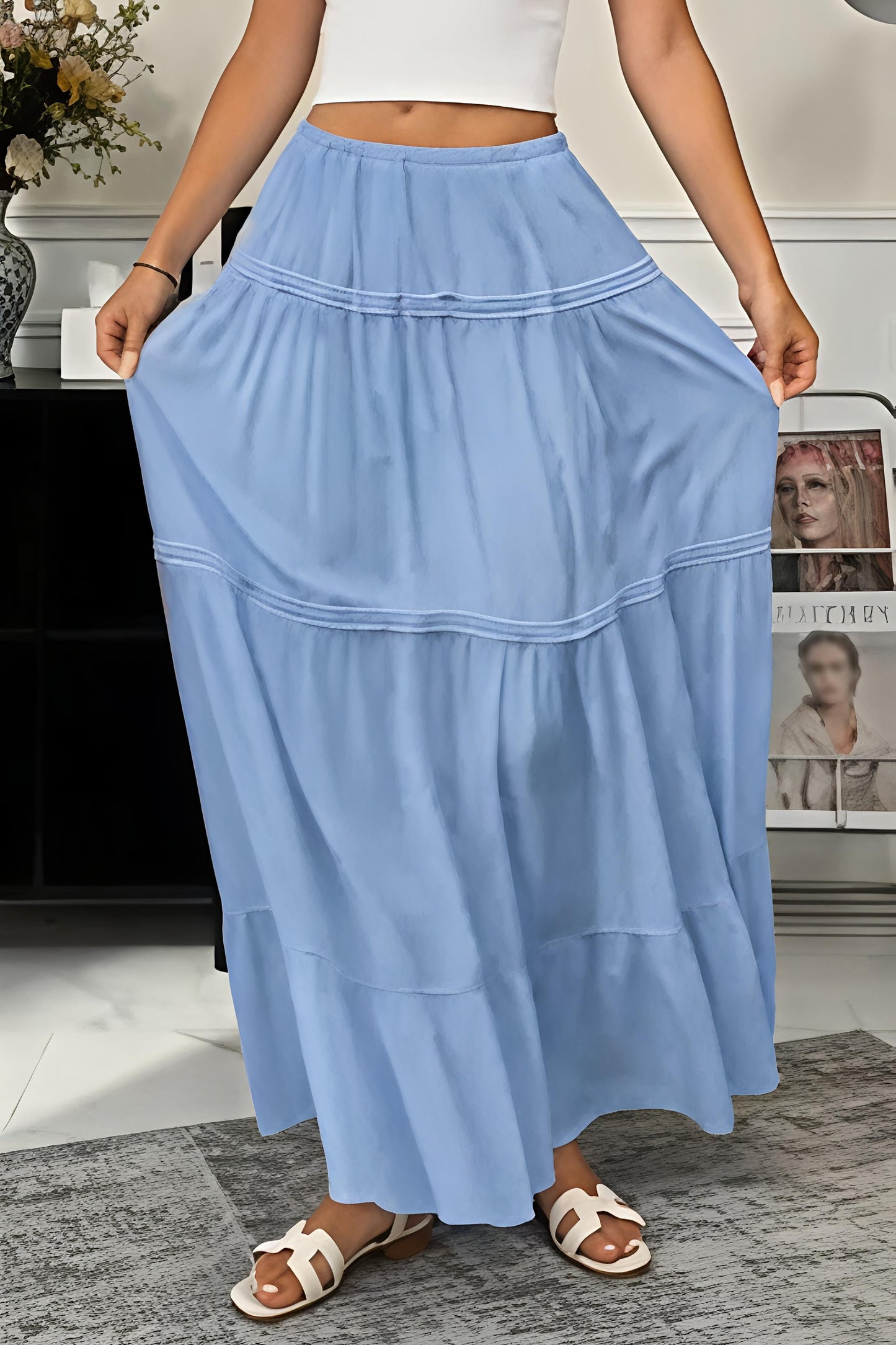 Women's Blue Elastic Waist Tiered Maxi Skirt