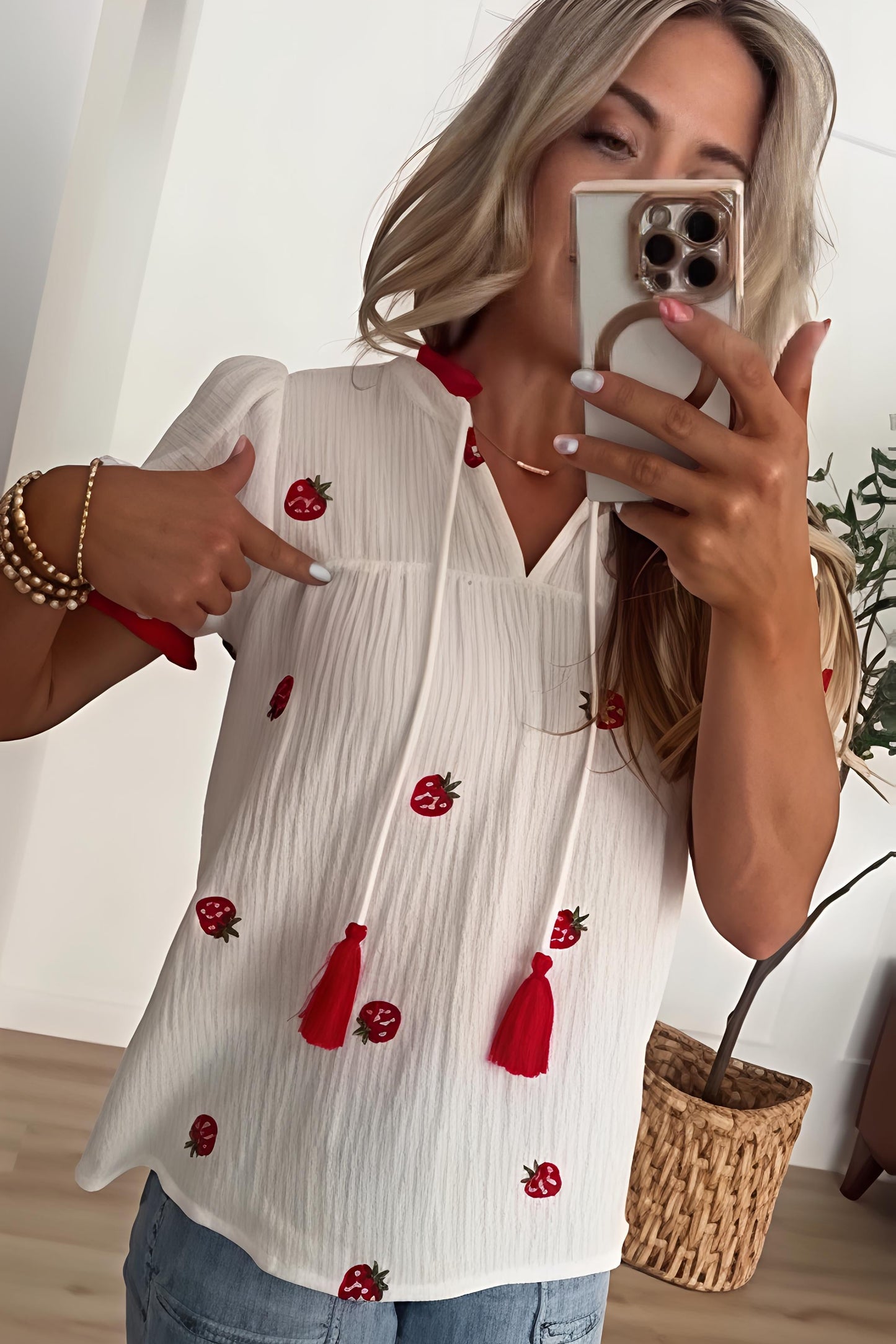 Strawberry Embroidered Puff Sleeve Blouse