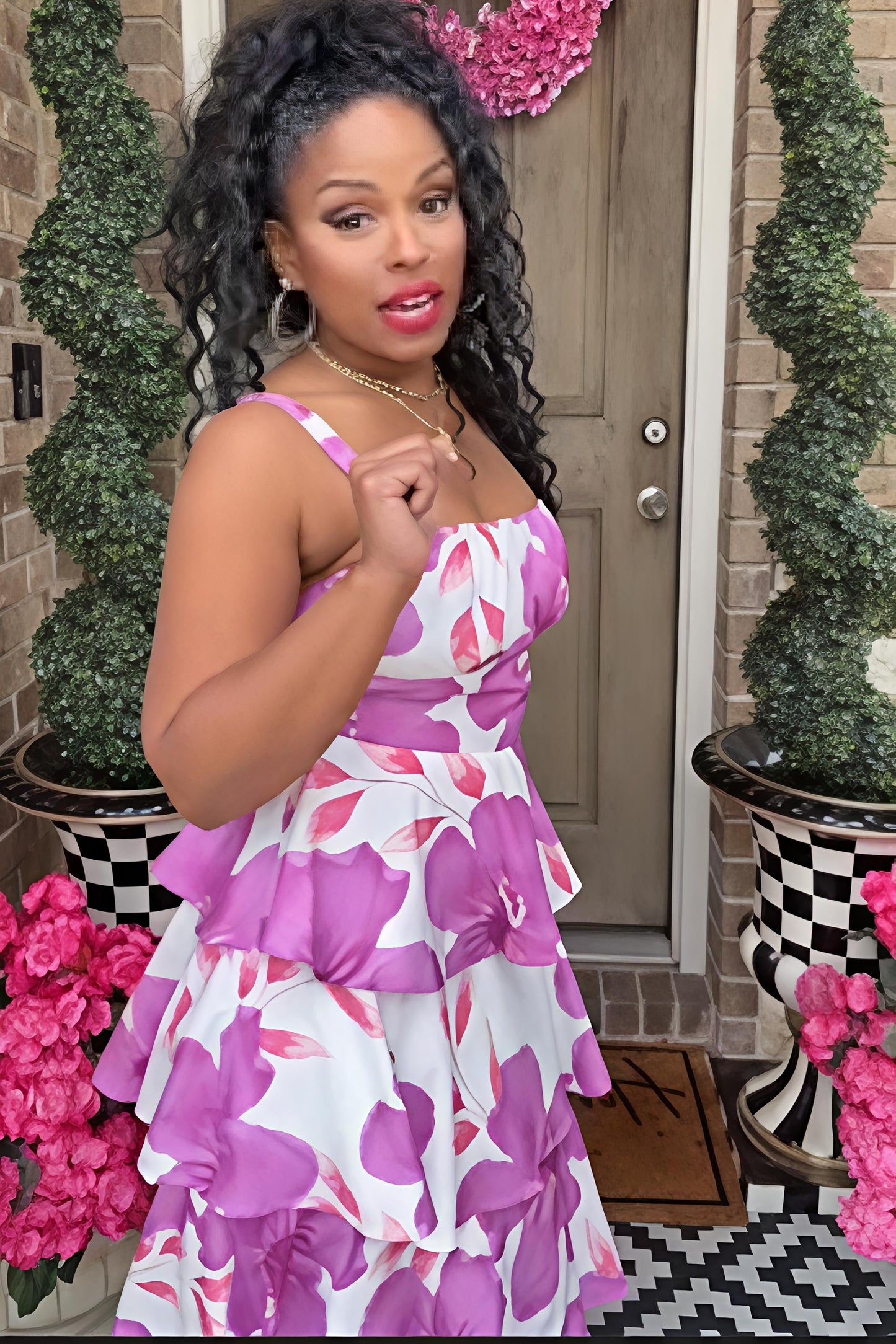 Pink Floral Tiered Maxi Dress