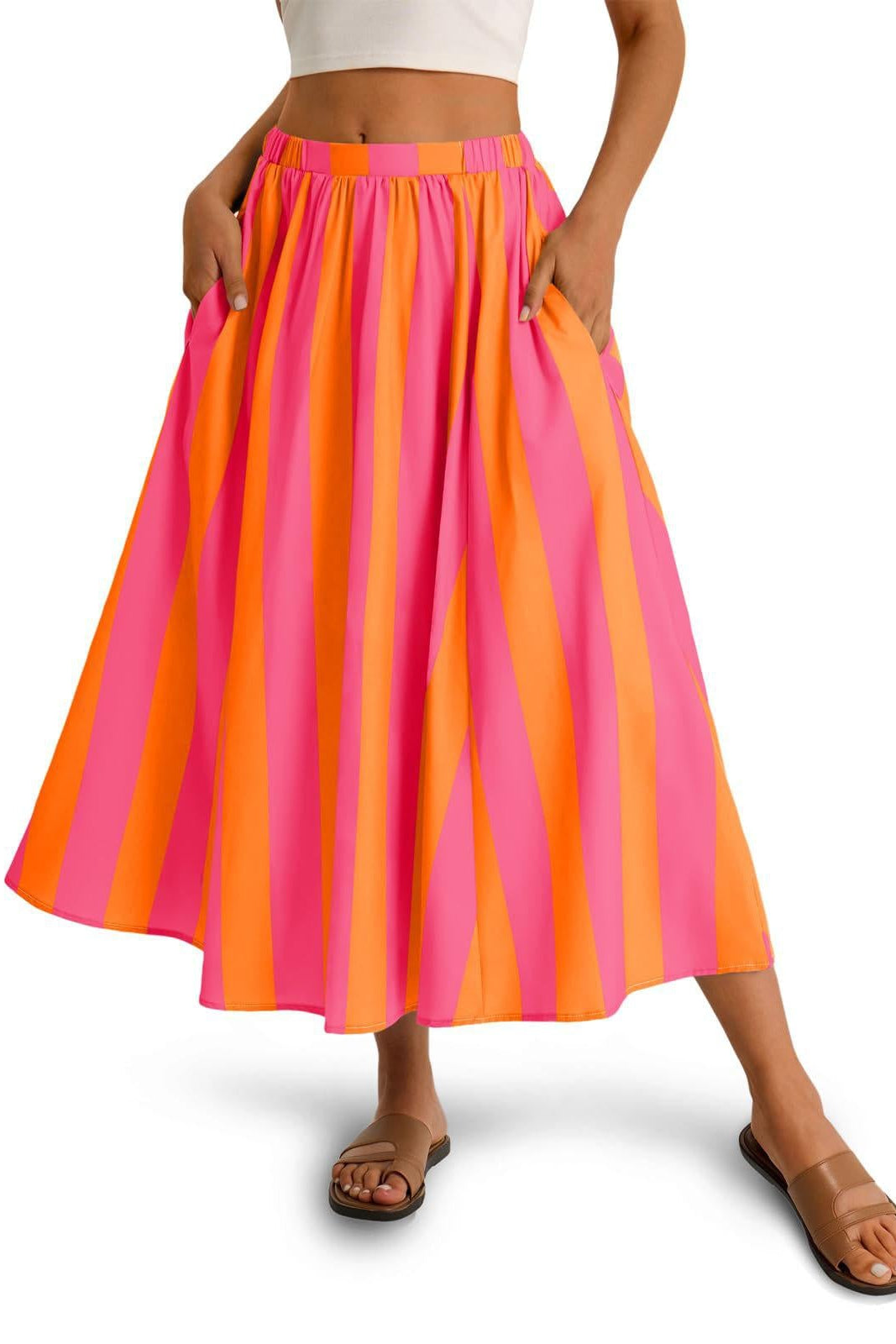 Bold Stripe A-Line Midi Skirt - Elastic Waist & Pockets