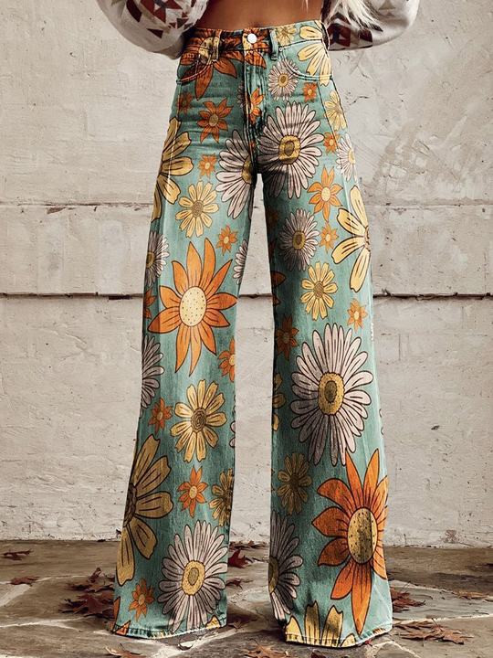 Retro Printed High Waist Wide Leg Jeans