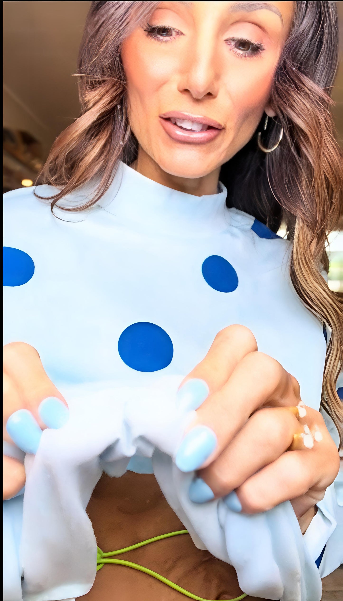 Oversized Light Blue Navy Polka Dot Fleece Lined Mock Neck Sweatshirt