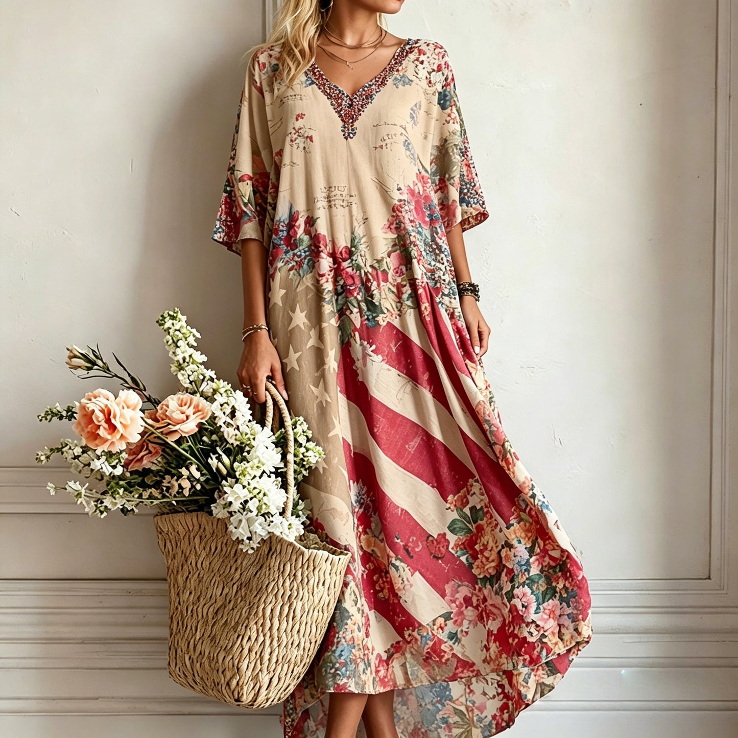 Women's Retro American Flag Floral Print Comfortable Cotton Linen V-neck Dress