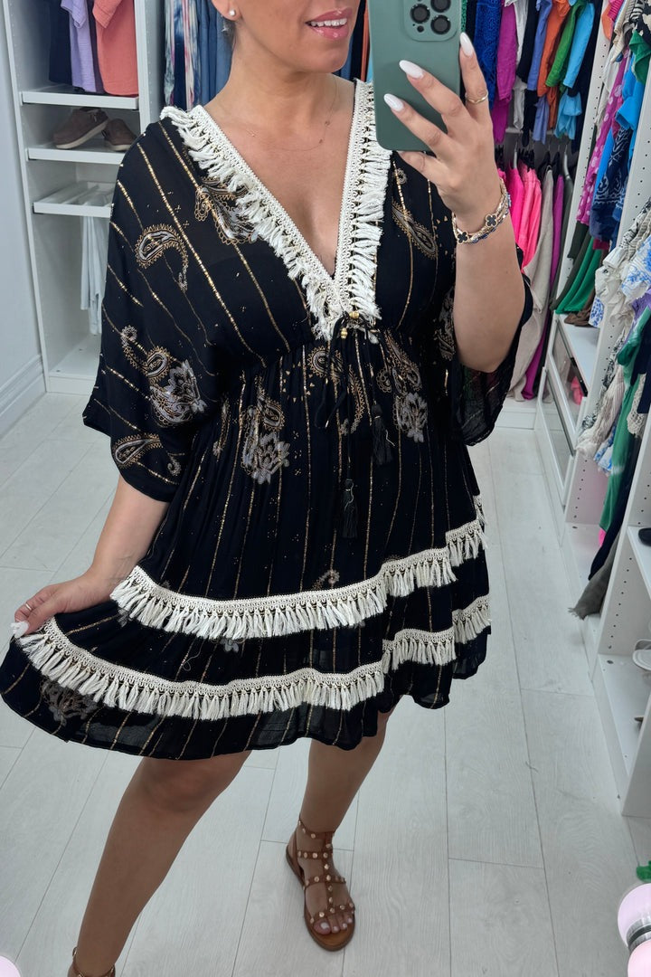 Paisley Print V Neck Tassel Dress