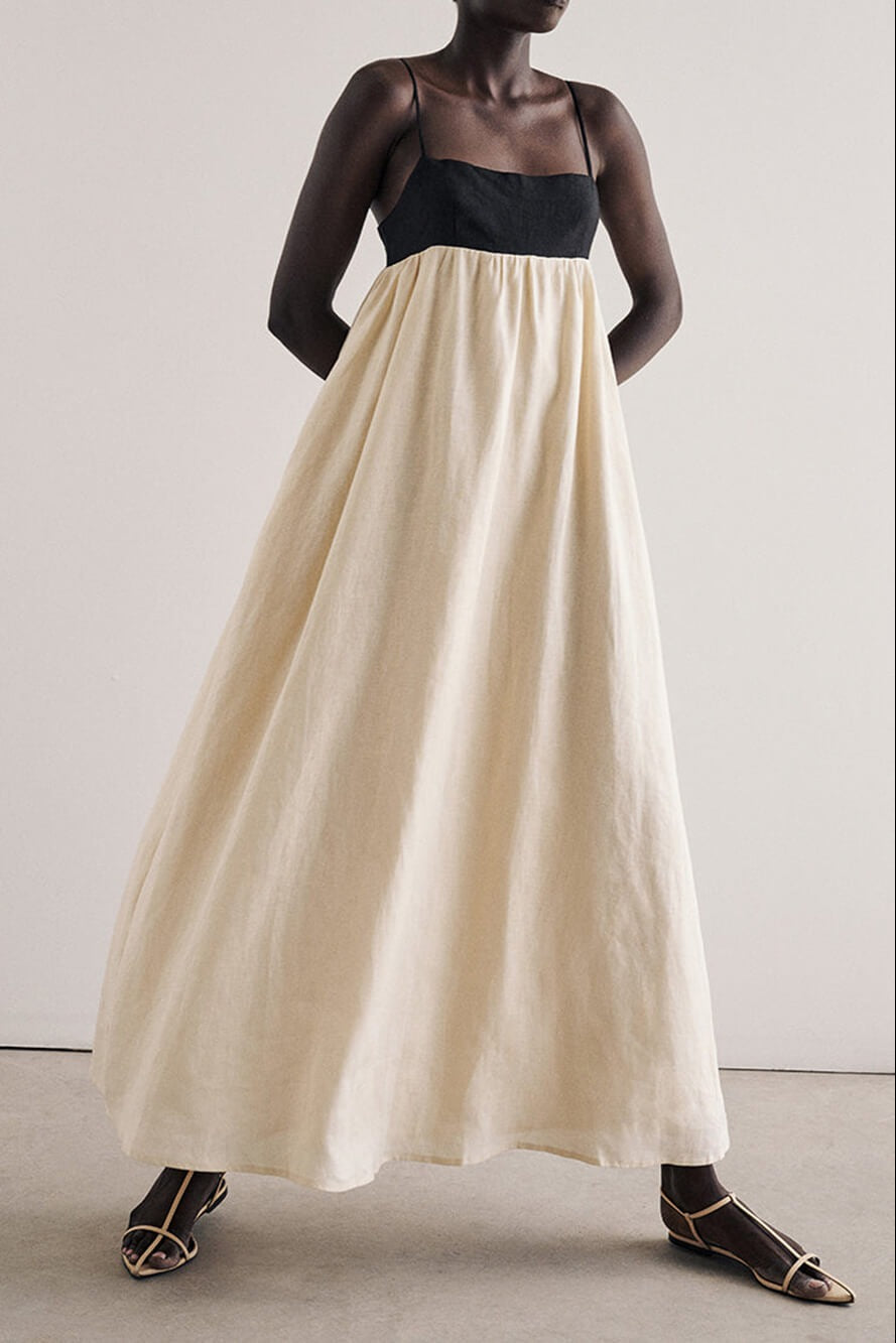 Loose Suspender Black And White Patchwork Maxi Dress