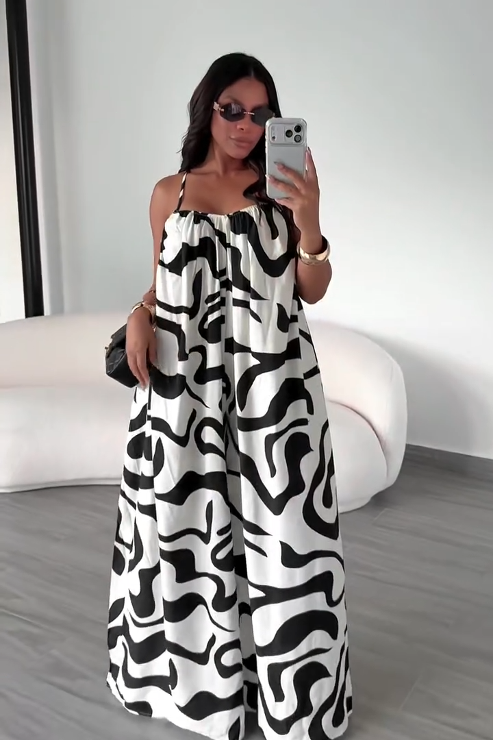 Relaxed Fit Abstract Print Jumpsuit in White & Black