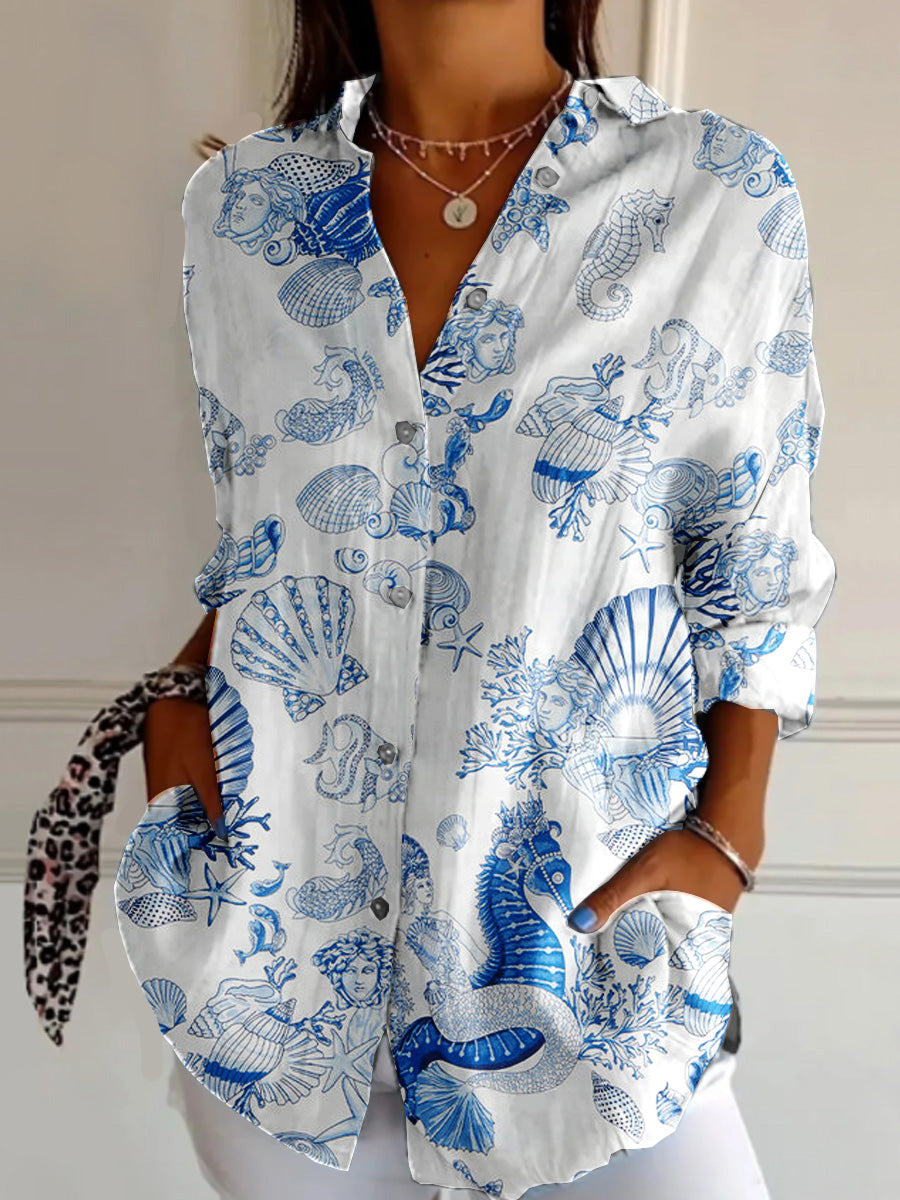Women's Elegant Holiday Style Hand-Painted Ocean Pattern Print Casual Linen V-Neck Shirt