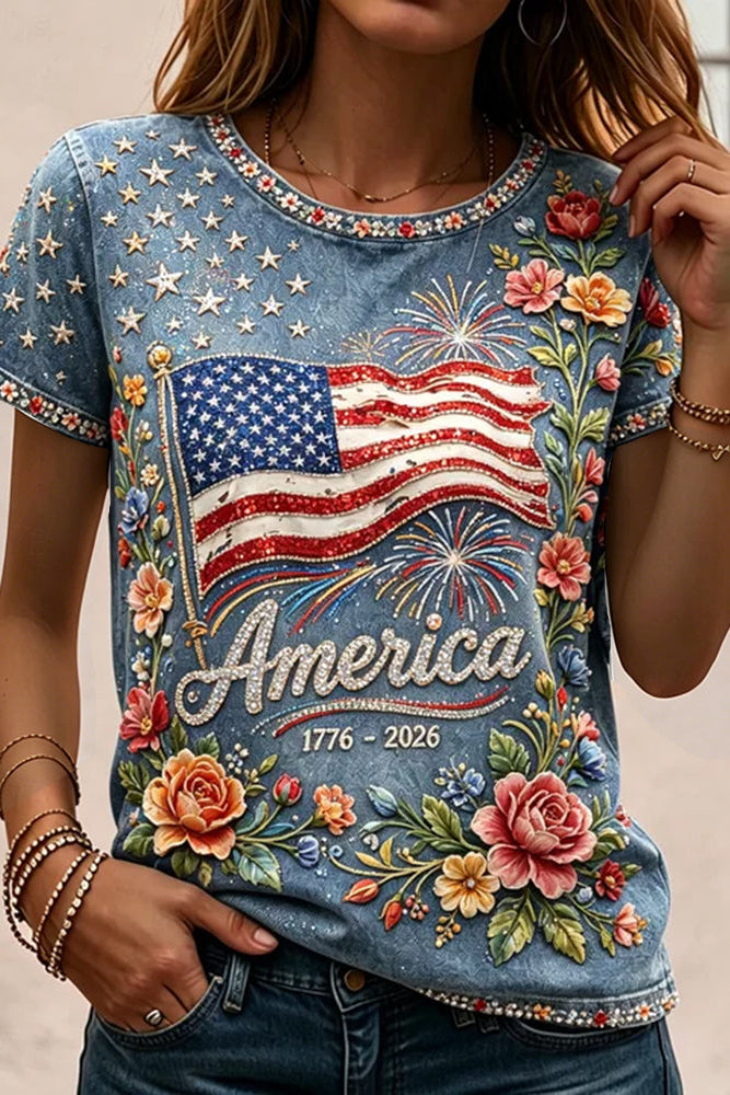 Women's Vintage American Anniversary Flag And Floral Casual Crew Neck Cotton Linen Short Sleeve Top