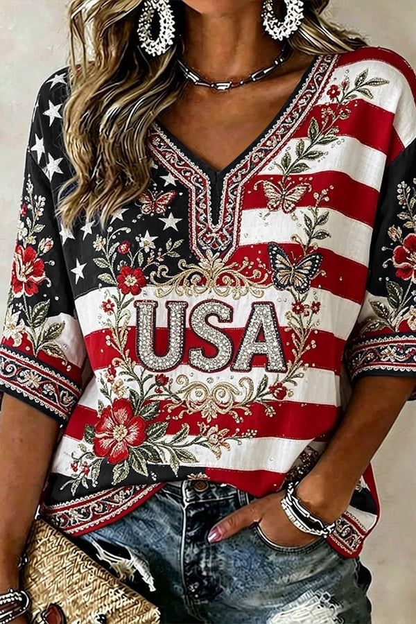 Vintage Usa Anniversary Art Casual V Neck T Shirt