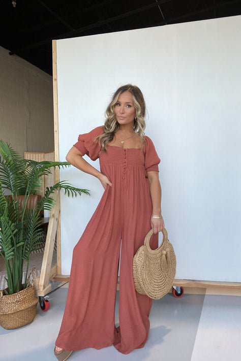 Square Neckline Jumpsuit with Smocked Bodice Button