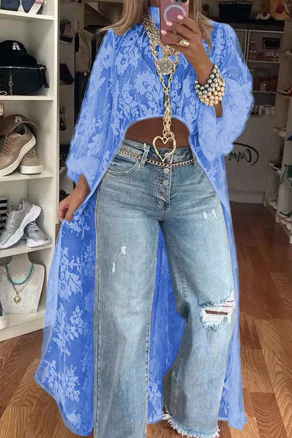 Women's Round Neck Lace Short Front and Long Back Casual Top