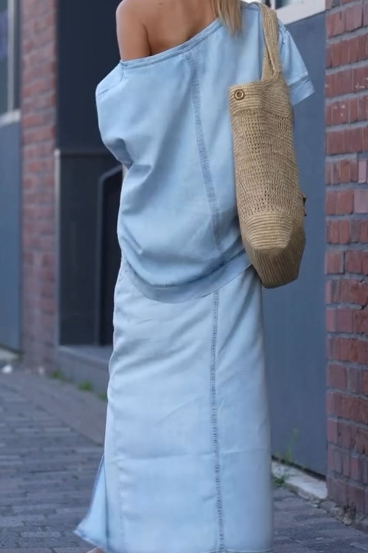 Women's Round Neck Tencel Denim Casual Suit