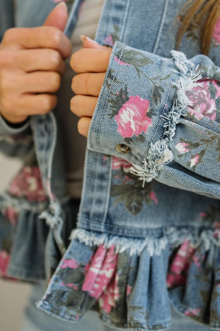 Floral Print Ruffled Denim Jacket