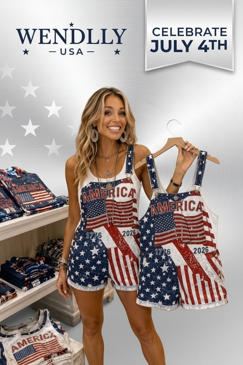 Women's Independence Day Sequin Flag Denim Overalls Shorts