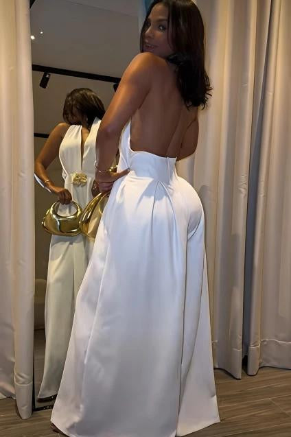 Elegant Halter Neck Wide-Leg Jumpsuit with Gold Buckle Belt