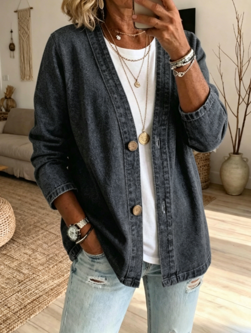 🧥 50% OFF NOW! ✨ Women's Classic Button Front Denim Jacket – V-Neck, Breathable Fabric & Relaxed Fit 💙