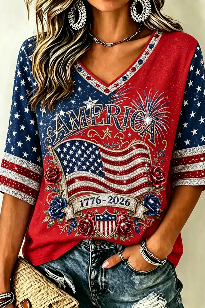 Women's Retro Independence Day Anniversary Print Cotton Linen T-shirt