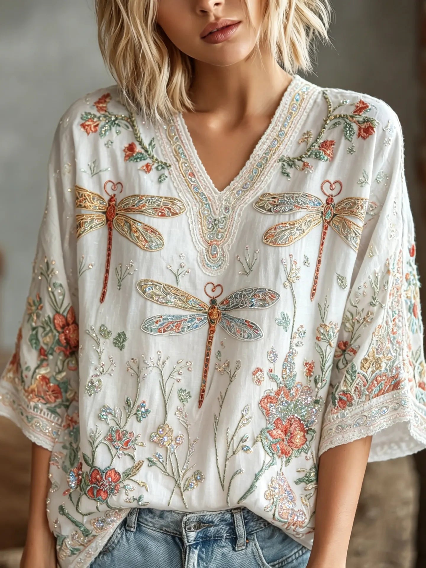 Women's Hippie Floral And Dragonfly In Patchwork Pattern Art Embroidered Linen Blend Mid-length Shirts