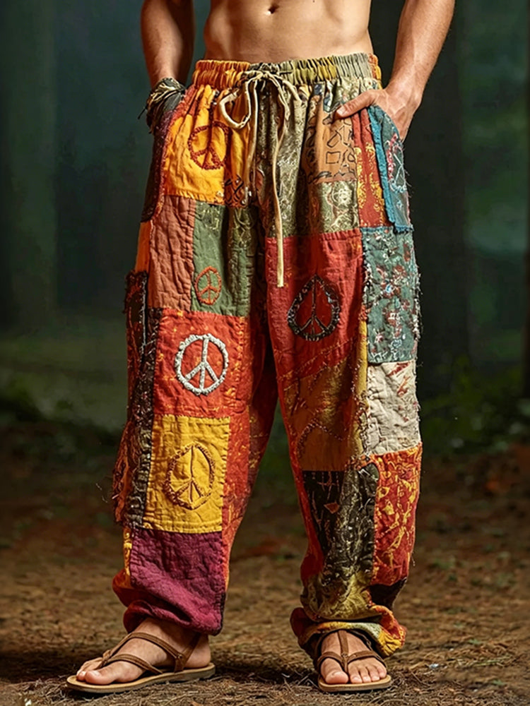 Men's Colorful Hippie Art Peace Sign Patchwork Print Casual Pants