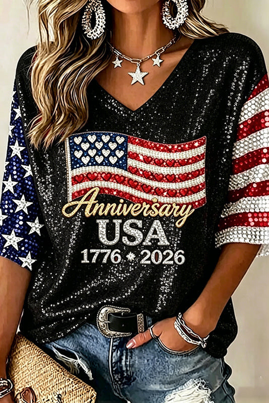 Women's Usa Anniversary Sequins Print V-neck T-shirt