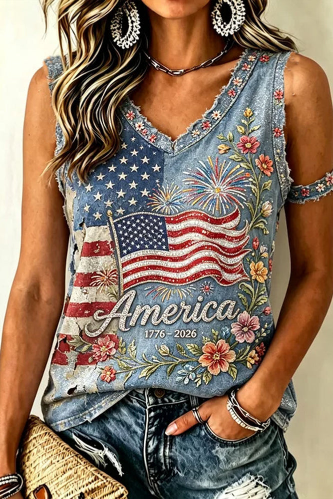 Women's American Anniversary Flag And Floral Art Cotton Linen Sleeveless Top
