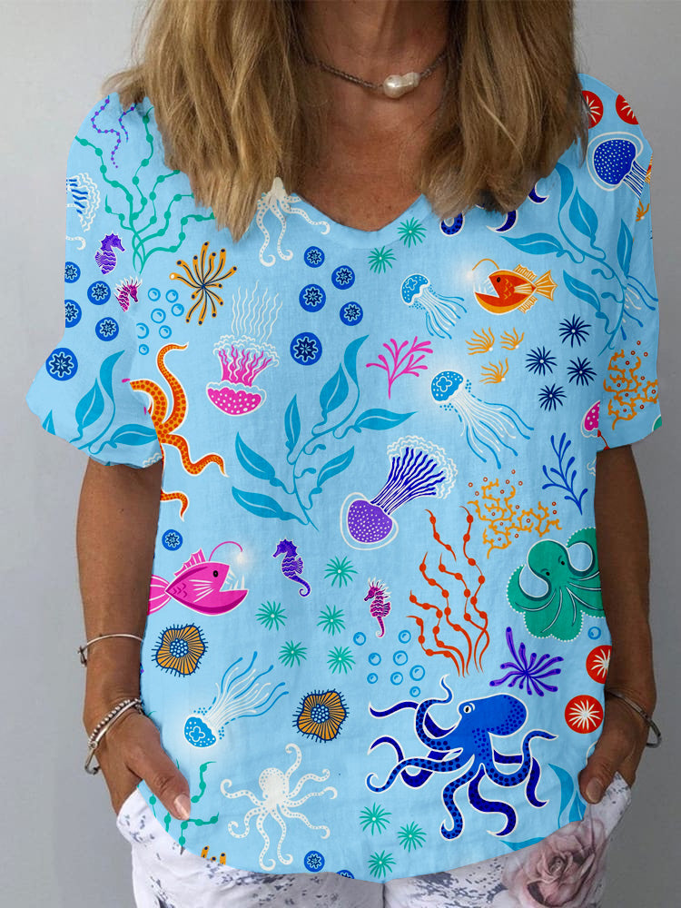 Women's Funny Ocean Octopus Art Print Pattern Cotton And Linen Short Sleeve Top