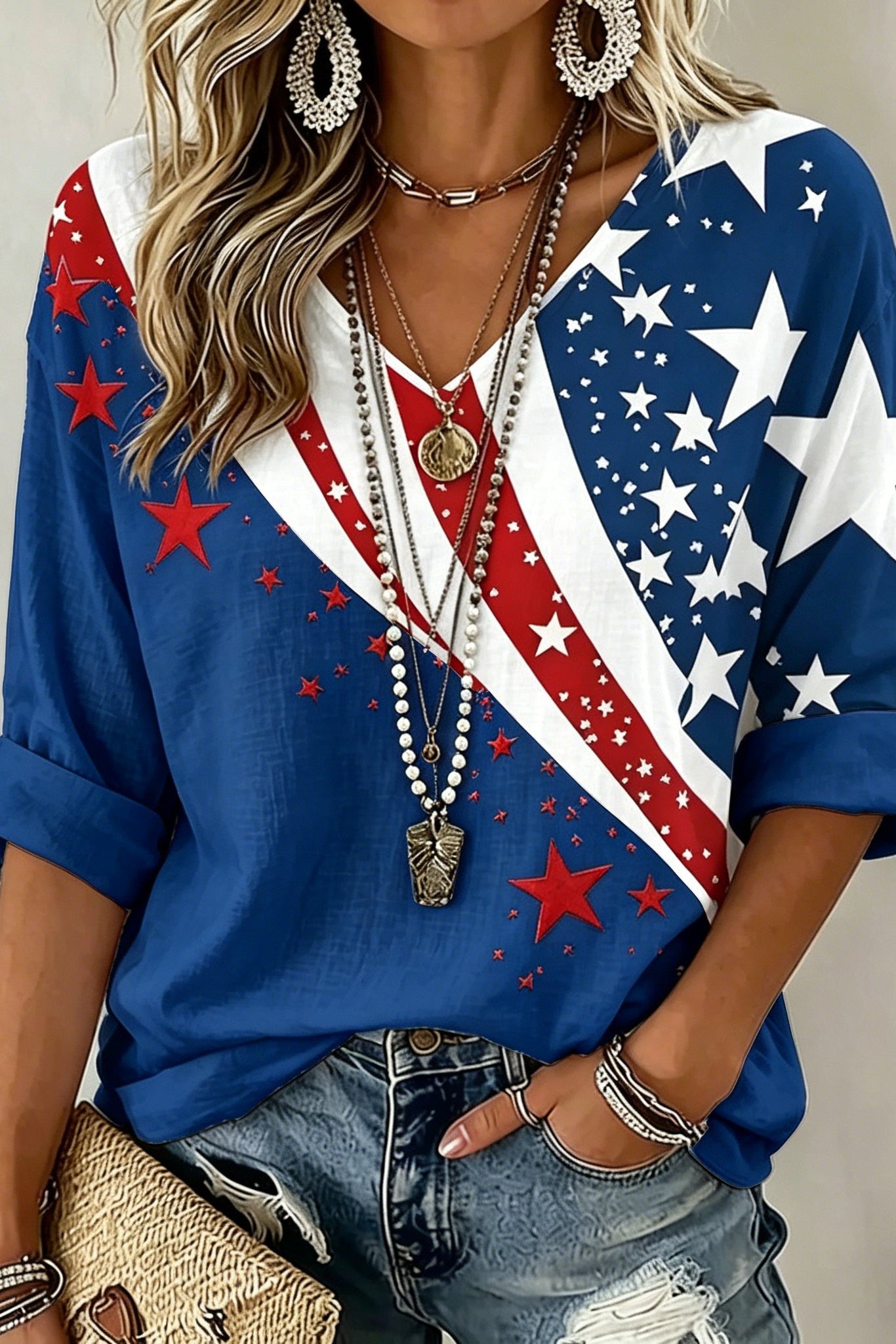 Women's Flag Art Three-quarter Sleeve V Neck Linen Tops